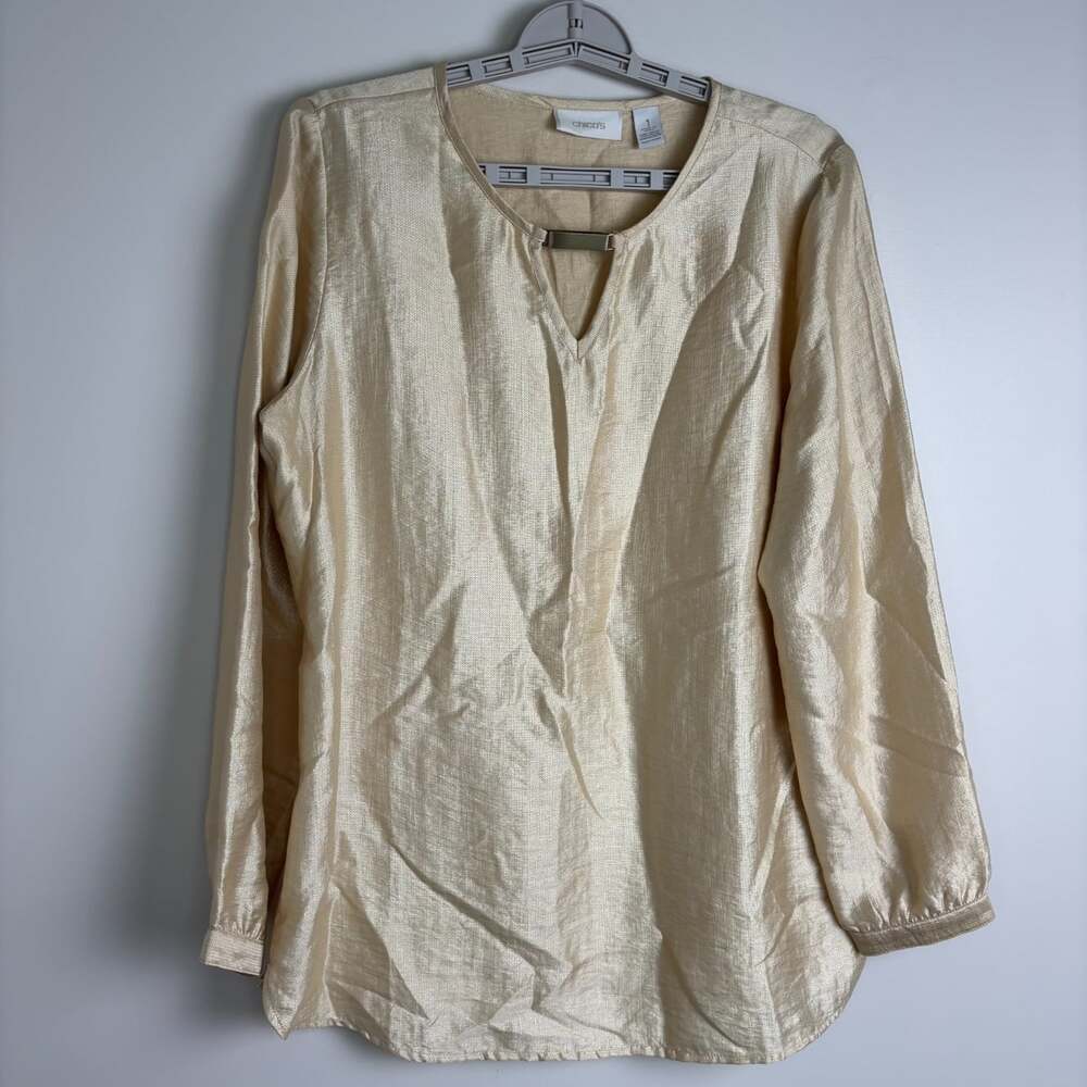 CHICO'S Hardware Keyhole Neck Tunic Womens M Gold Textured Flowy